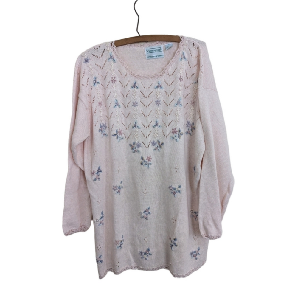 Shenanigans Pink Sweater Pearls Pastel Embroidery Raimie Cotton Crochet Knit
